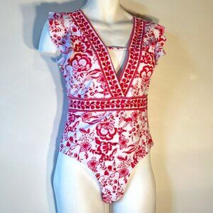 Swimsuit Pink and White Floral SZ L Flutter Sleeve Beach Swim Resort Vacation